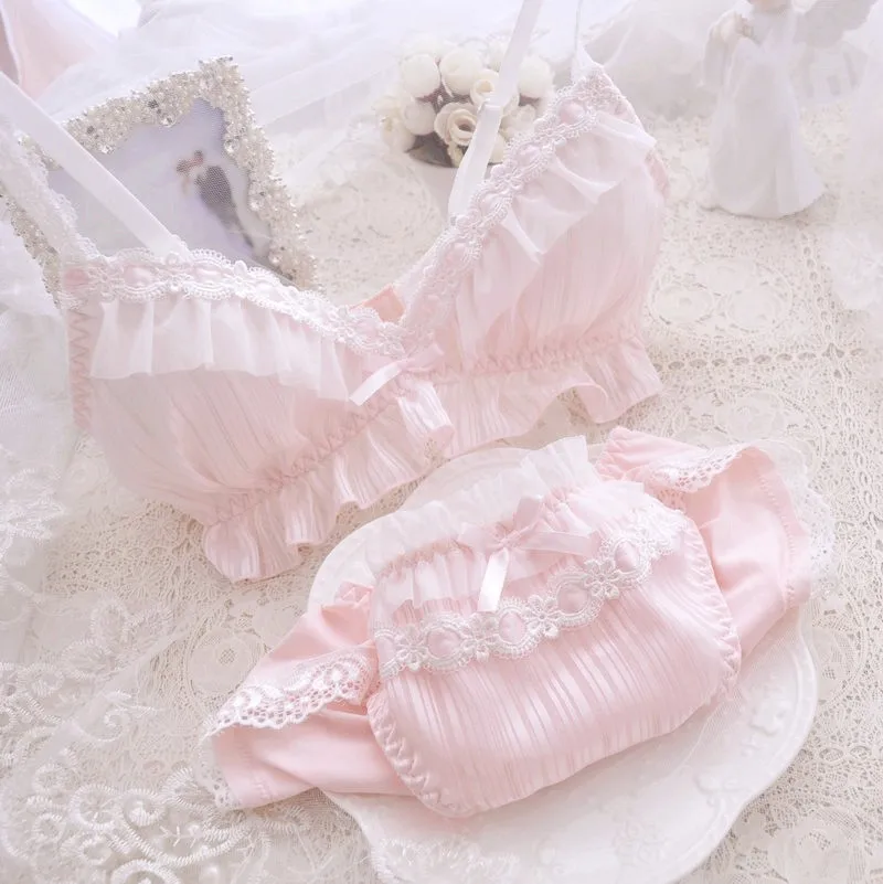Kawaii komplet bielizny z kokardkami, biustonosz i majtki Lolita Różowy