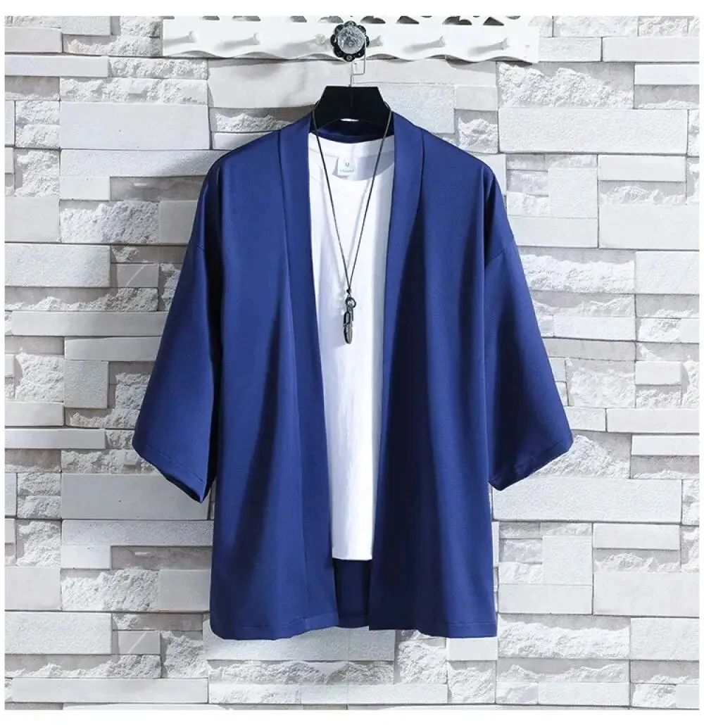 Kimono męskie japońskie – lekki kardigan z rękawem 3/4 Niebieski