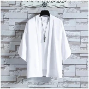 Kimono męskie japońskie – lekki kardigan z rękawem 3/4 Biały