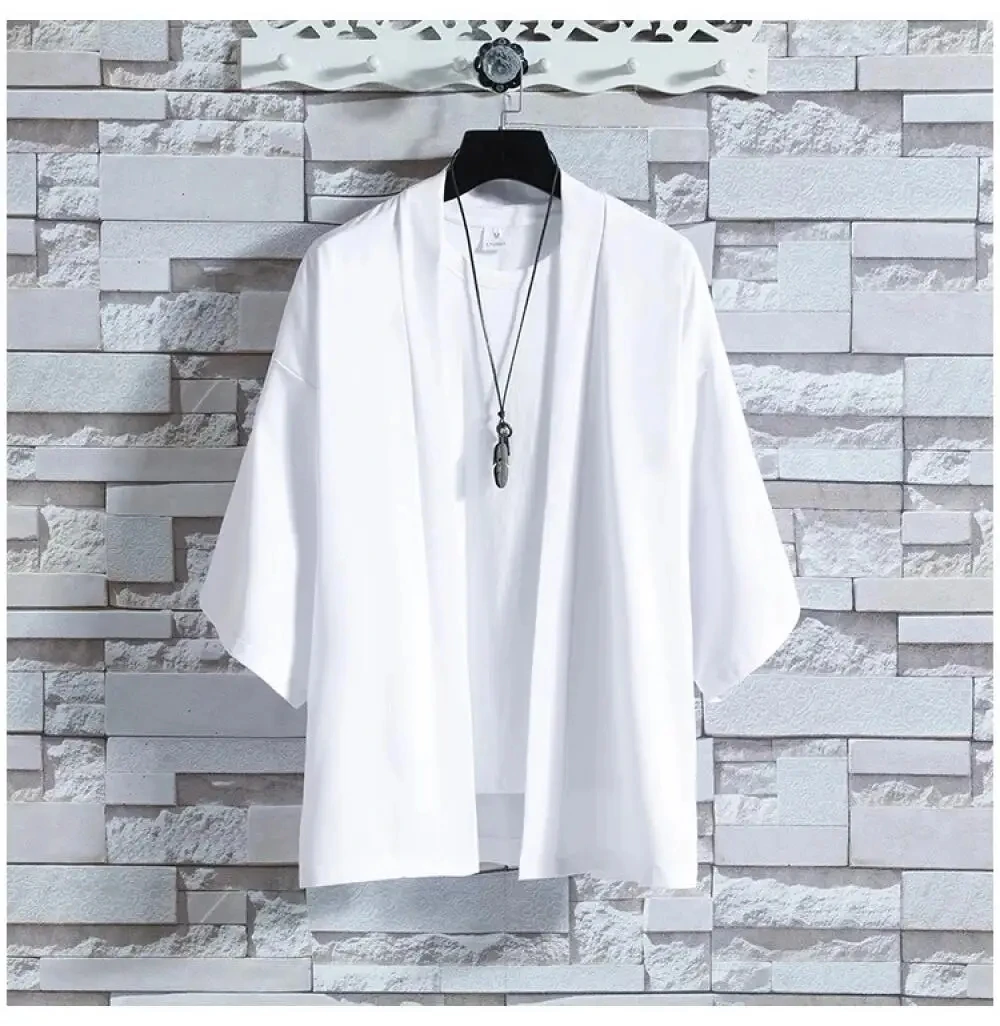 Kimono męskie japońskie – lekki kardigan z rękawem 3/4 Biały