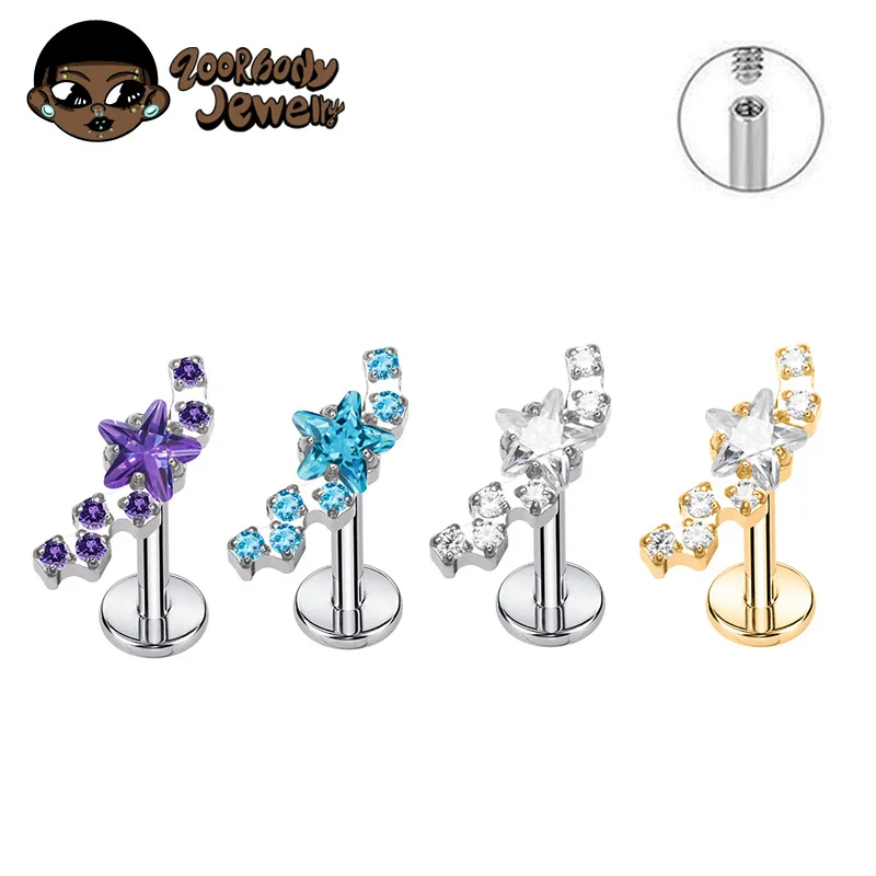 Kolczyk tytanowy F136 z motywem konstelacji — piercing labret, tragus, helix Biały