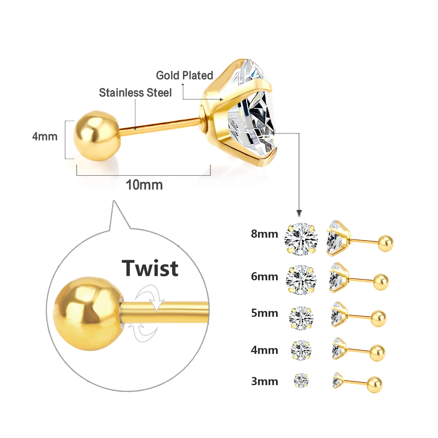 Kolczyki z cyrkonią ze stali nierdzewnej – komplet 2 sztuki Twist back 184g
