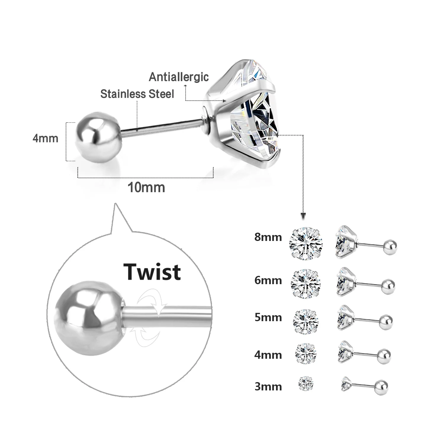 Kolczyki z cyrkonią ze stali nierdzewnej – komplet 2 sztuki Twist back 184s