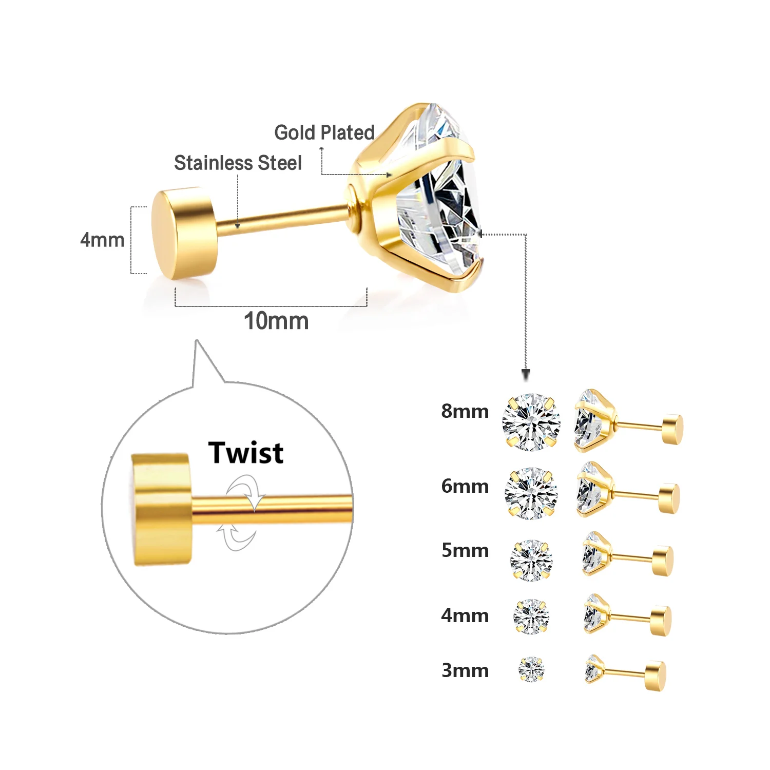 Kolczyki z cyrkonią ze stali nierdzewnej – komplet 2 sztuki Twist back 185g