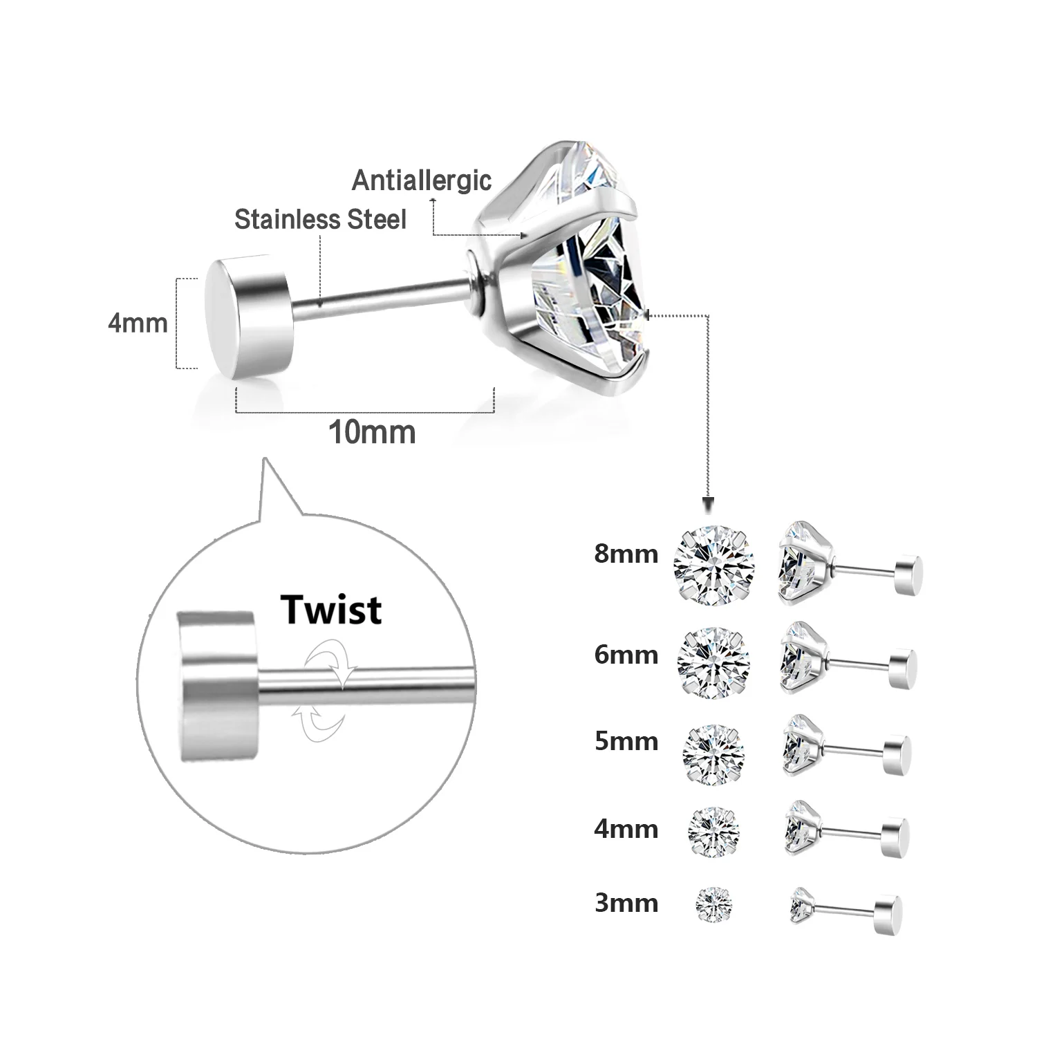 Kolczyki z cyrkonią ze stali nierdzewnej – komplet 2 sztuki Twist back 185s