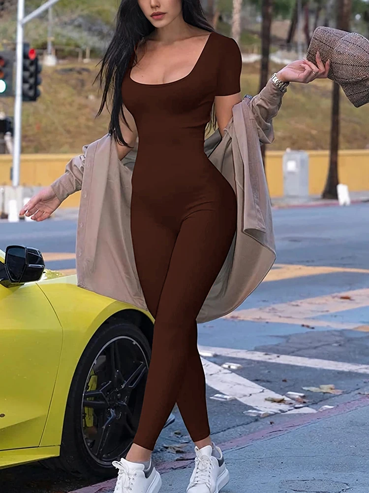 Kombinezon damski z krótkim rękawem jednolity Bodycon sportowy Brązowy