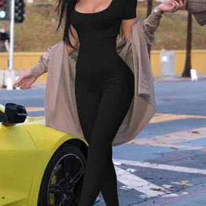 Kombinezon damski z krótkim rękawem jednolity Bodycon sportowy Czarny