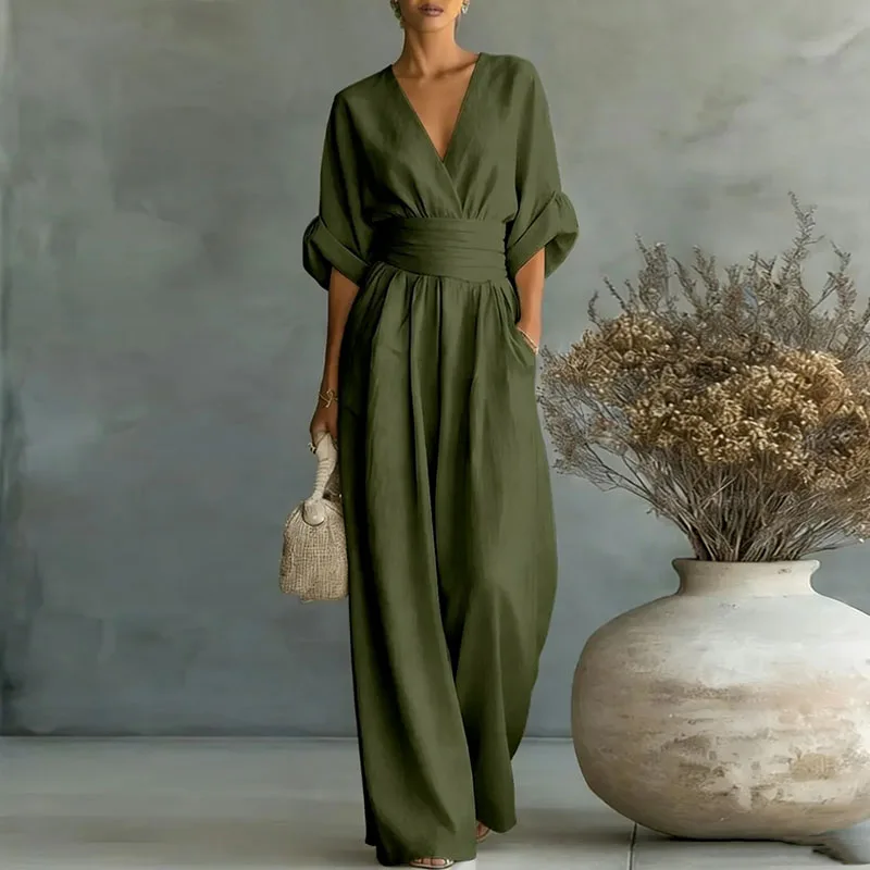 Damski kombinezon z szerokimi nogawkami i głębokim dekoltem – elegancki Khaki