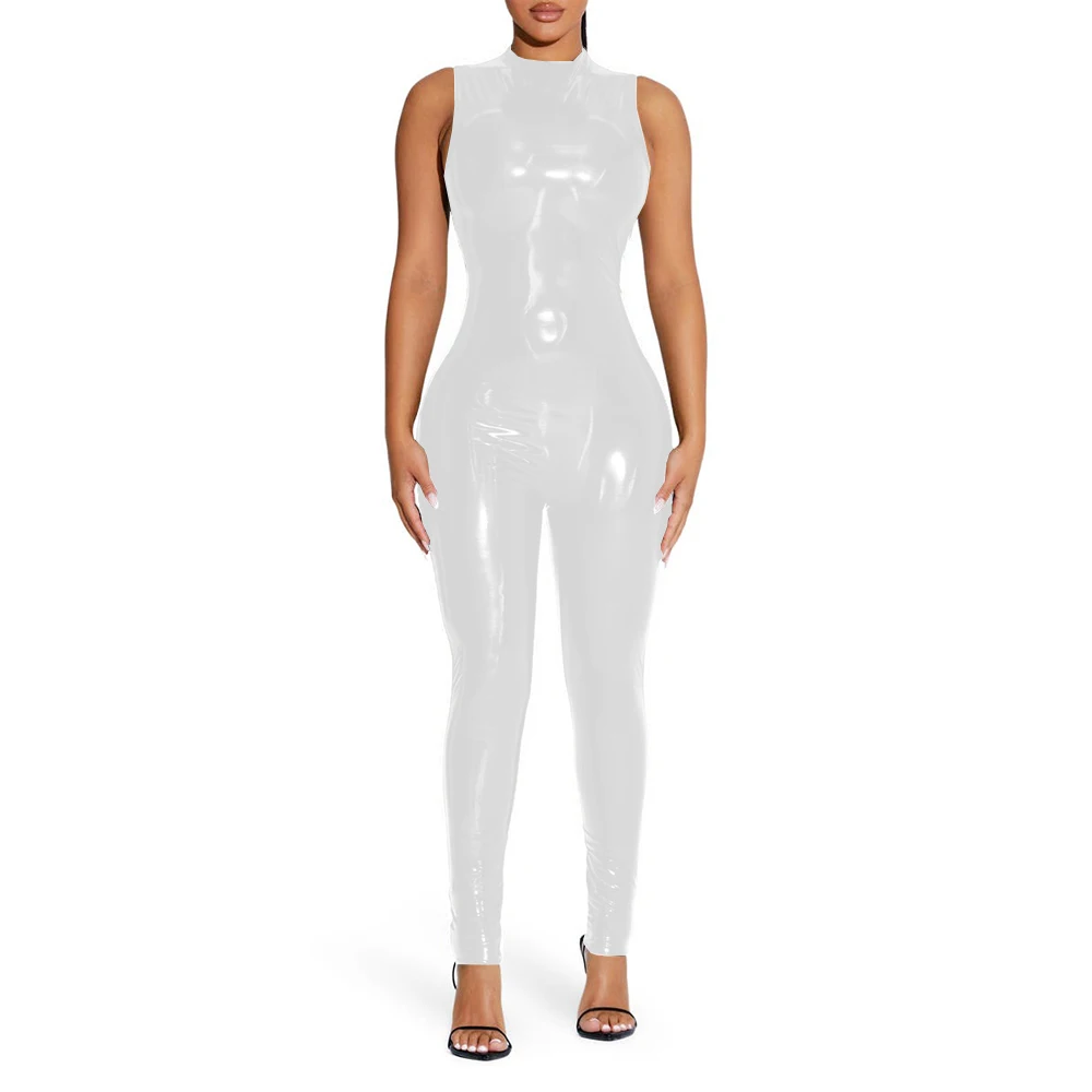 Kombinezon PVC z efektem mokrej skóry bodycon Biały
