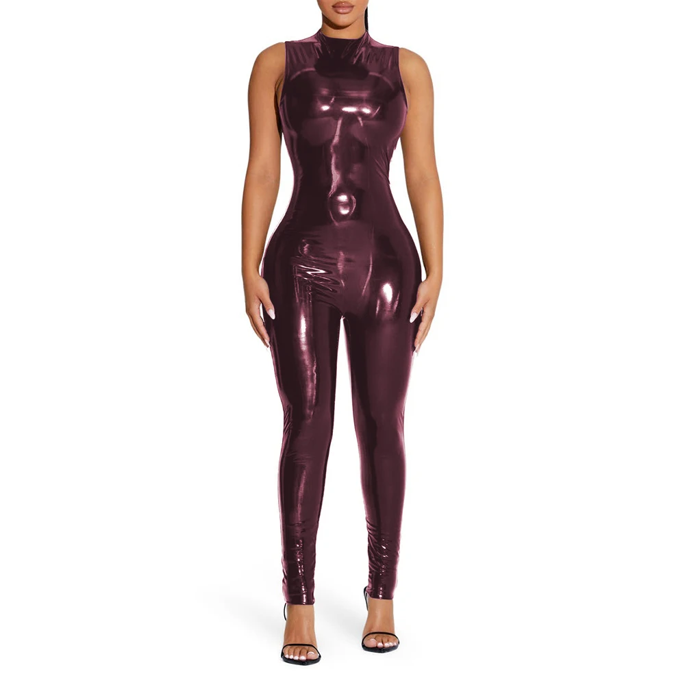 Kombinezon PVC z efektem mokrej skóry bodycon Bordowy