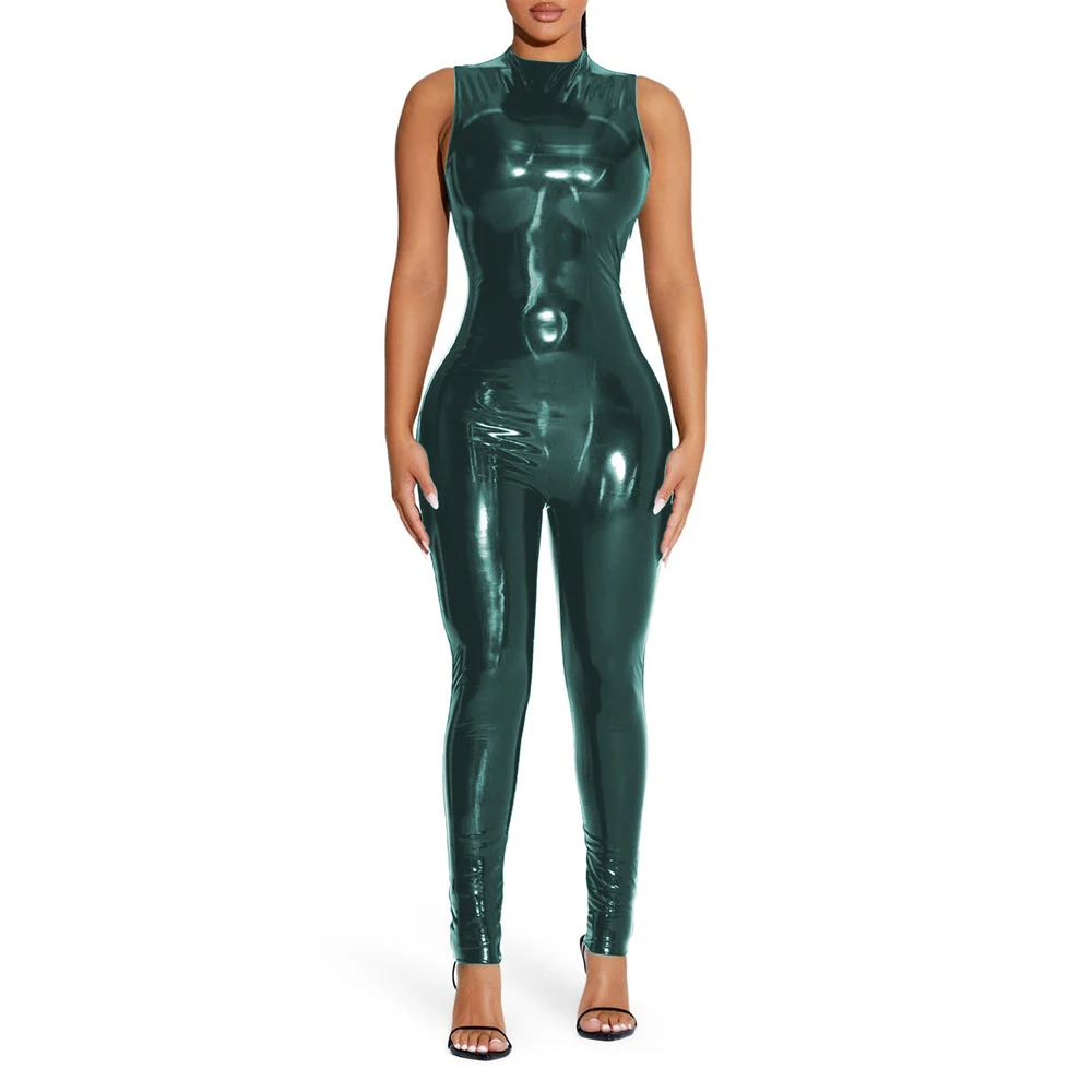Kombinezon PVC z efektem mokrej skóry bodycon Ciemnozielony