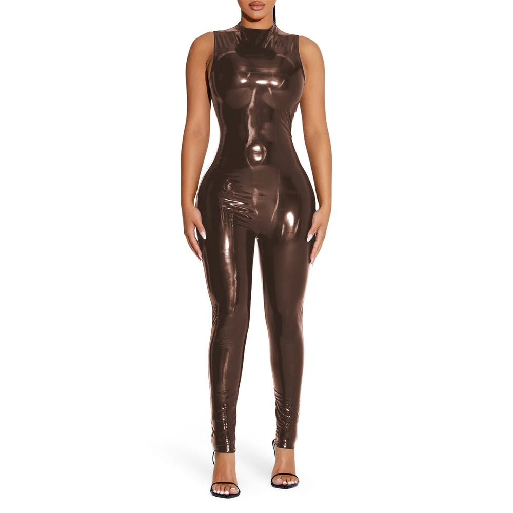 Kombinezon PVC z efektem mokrej skóry bodycon Ciemny brąz