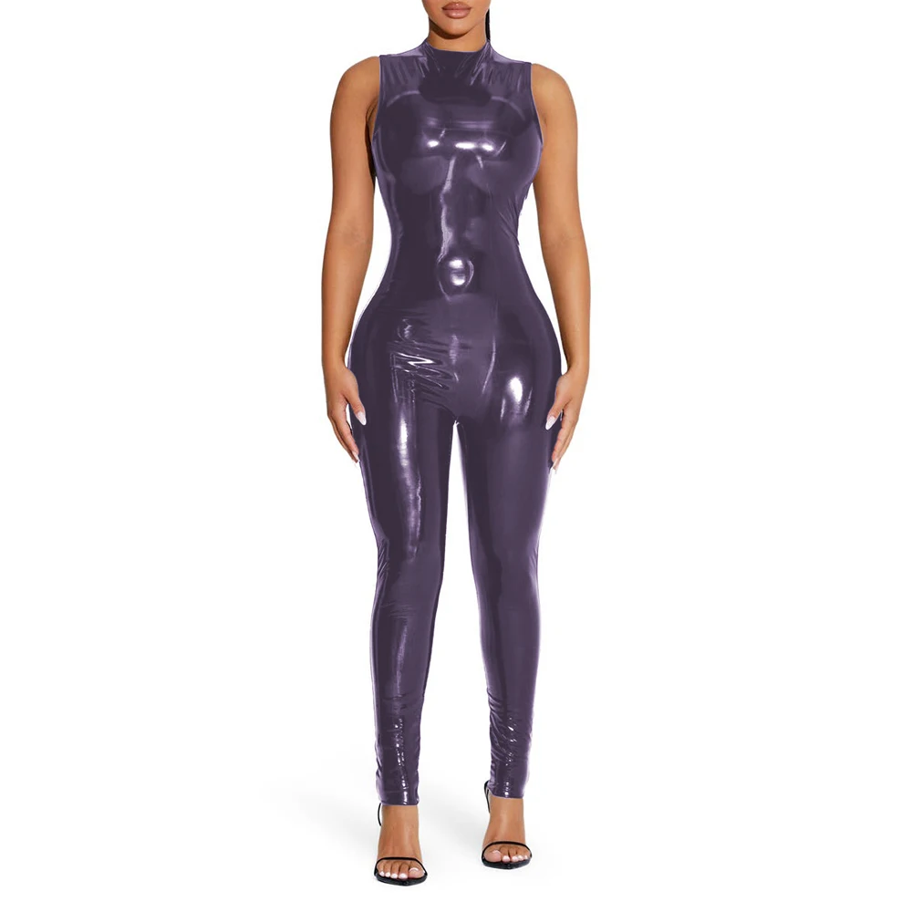 Kombinezon PVC z efektem mokrej skóry bodycon Ciemny fiolet