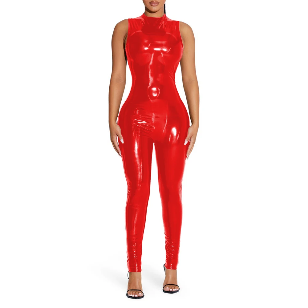 Kombinezon PVC z efektem mokrej skóry bodycon Czerwony