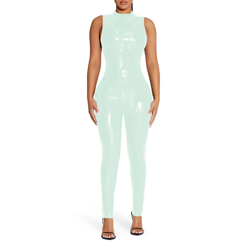 Kombinezon PVC z efektem mokrej skóry bodycon Jasny zielony