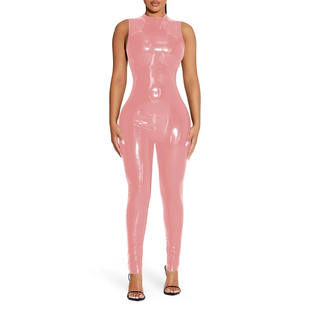 Kombinezon PVC z efektem mokrej skóry bodycon Kolor korzenia lotosu