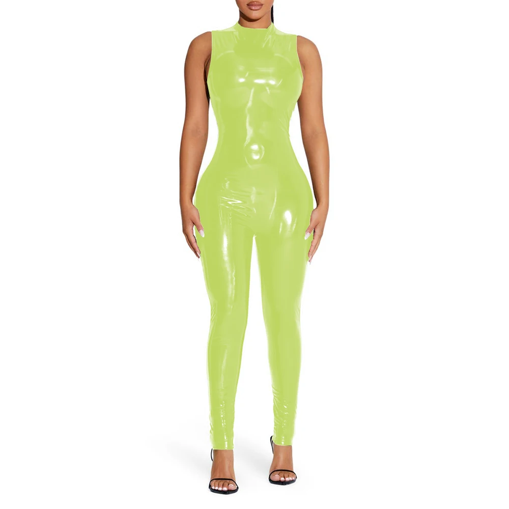 Kombinezon PVC z efektem mokrej skóry bodycon Zielony fluorescencyjny