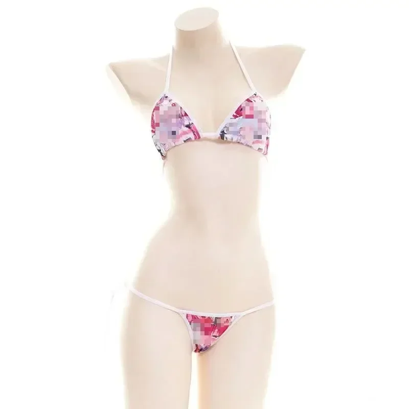 Seksowny komplet bielizny w paski Lolita mini bikini — biustonosz i majtki Błękitny