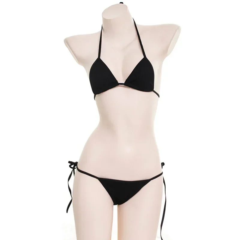 Seksowny komplet bielizny w paski Lolita mini bikini — biustonosz i majtki Czarny