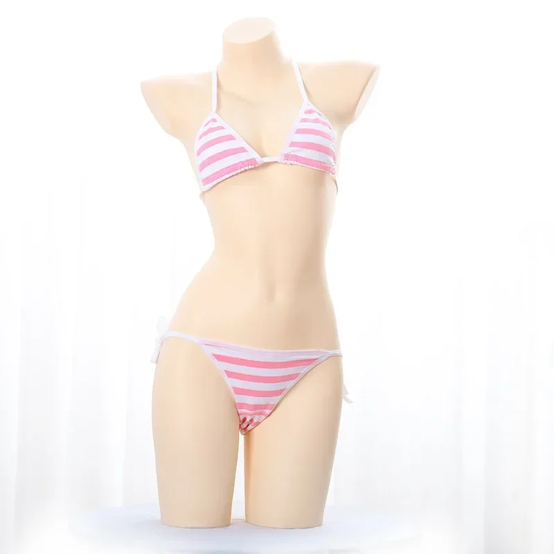 Seksowny komplet bielizny w paski Lolita mini bikini — biustonosz i majtki Różowy