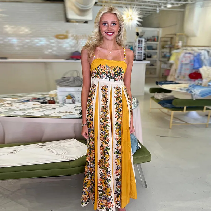 Komplet boho top z koralikami i spodnie z szerokimi nogawkami Żółty