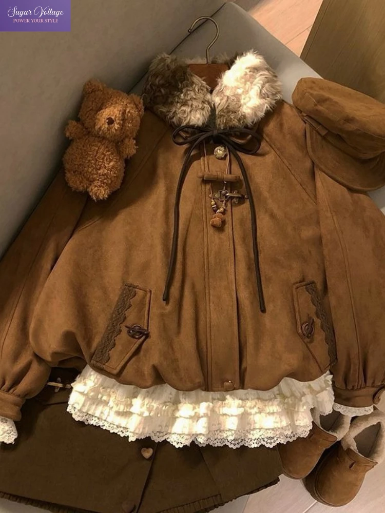 Komplet dzianinowy sweter z kokardą i szorty – koreański styl lazy Brązowy