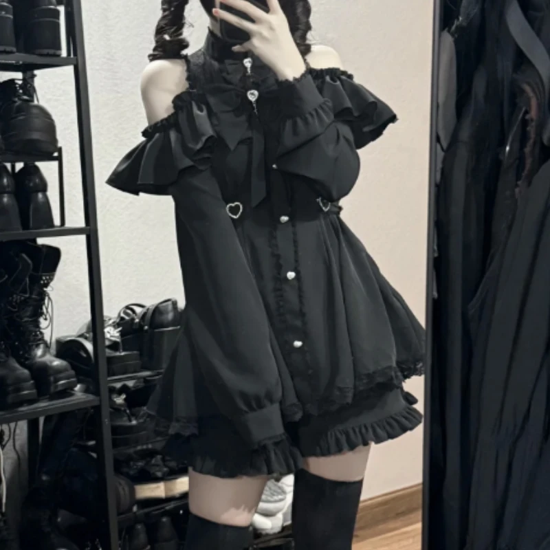 Komplet w stylu gothic lolita sukienka i szorty z kokardą Czarny