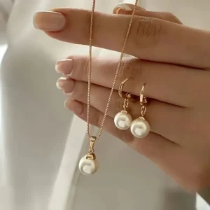 Elegancki komplet z perłą: złoty naszyjnik i kolczyki w stylu vintage Nc24y0680 1