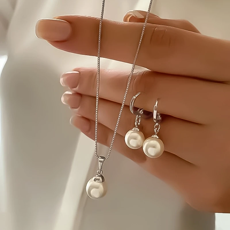 Elegancki komplet z perłą: złoty naszyjnik i kolczyki w stylu vintage Nc24y0680 2
