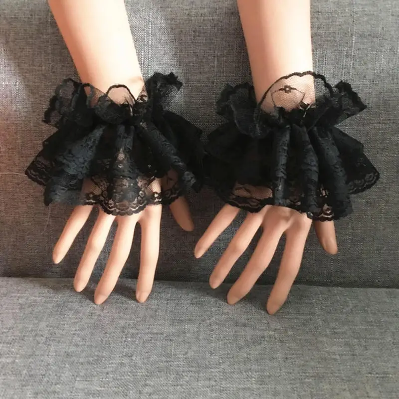 Koronkowe mankiety lolita z falbanką na nadgarstek Czarny