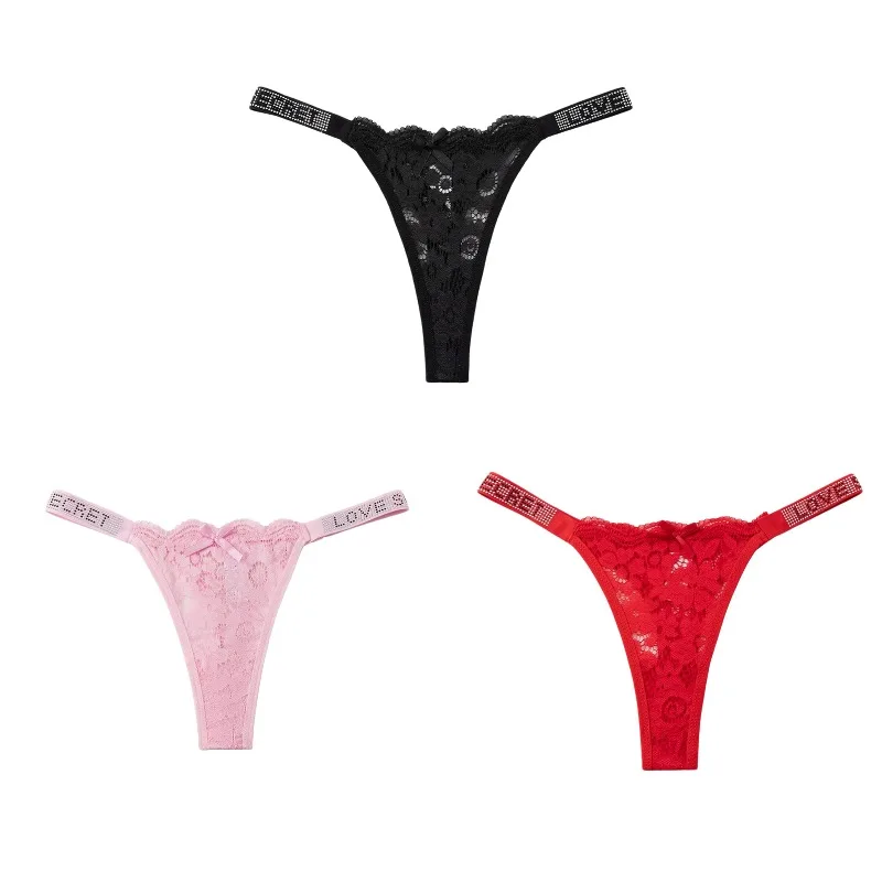 Koronkowe stringi damskie z cyrkoniami – zestaw 3 sztuk Set 1