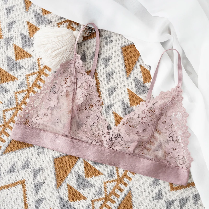 Koronkowy biustonosz bralette bez podszewki przezroczysty Beżowy