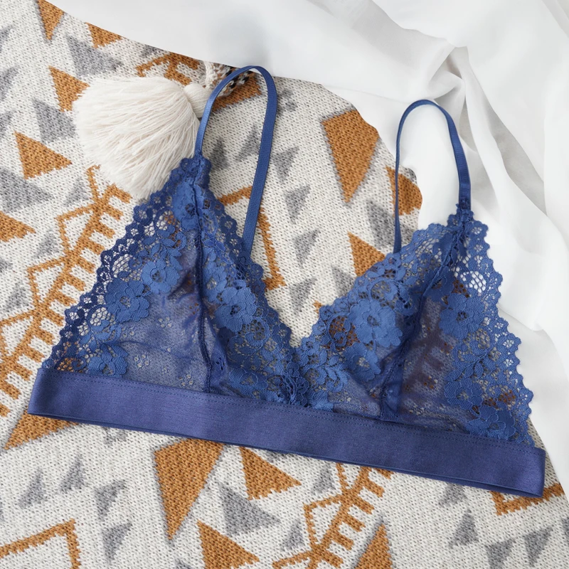 Koronkowy biustonosz bralette bez podszewki przezroczysty Niebieski