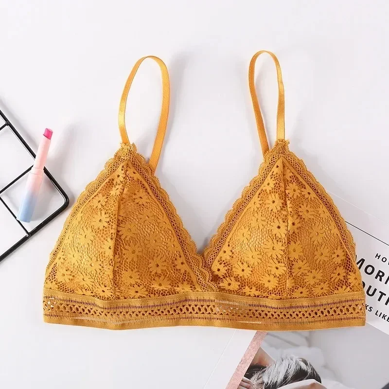 Koronkowy biustonosz push-up w kwiaty bez fiszbinów żółty