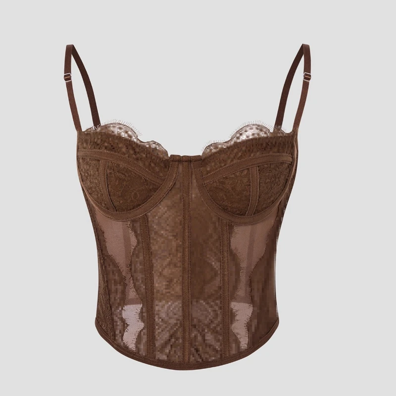 Koronkowy gorset bustier z odkrytymi ramionami Brązowy