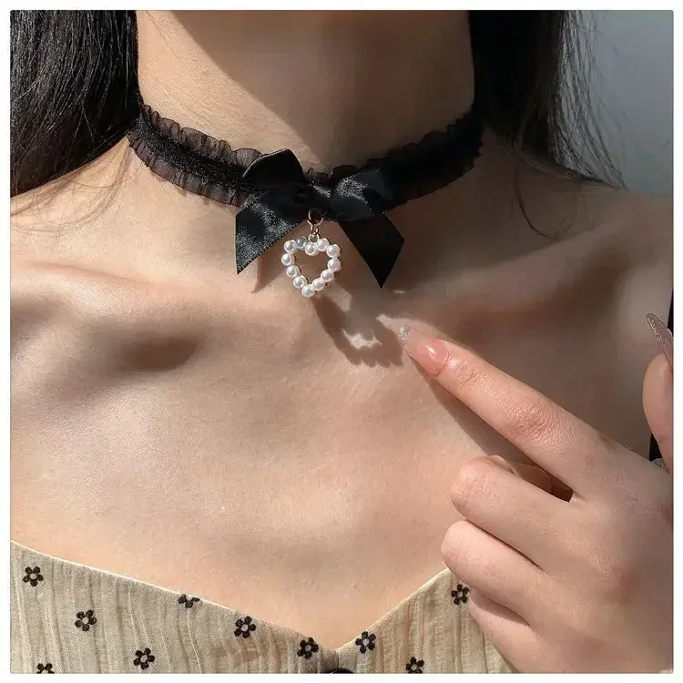 Koronkowy kołnierzyk choker w stylu Lolita z kokardką Czarny