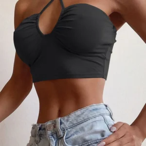Koronkowy top halter z wiązaniem na plecach Czarny