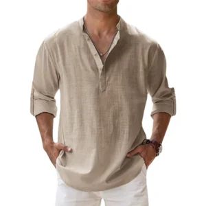 Koszula lniana bawełniana męska Henley – letnia plażowa Khaki
