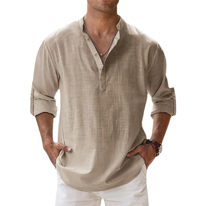 Koszula lniana bawełniana męska Henley – letnia plażowa Khaki