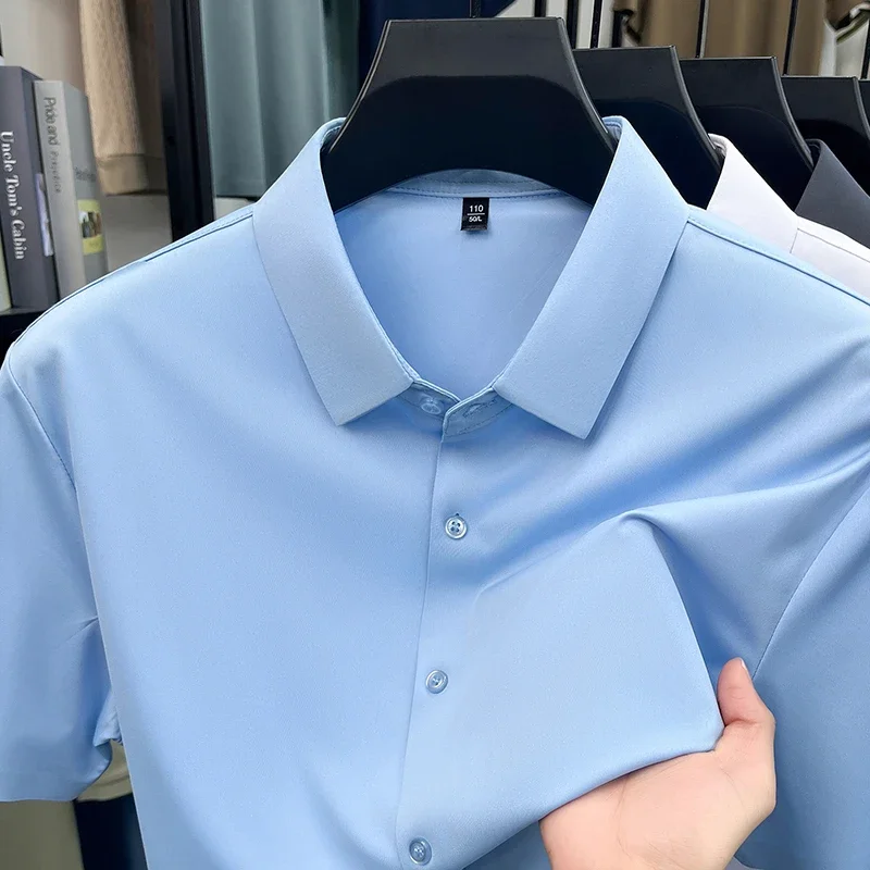 Koszula męska z krótkim rękawem z jedwabiu lodowego Błękitny