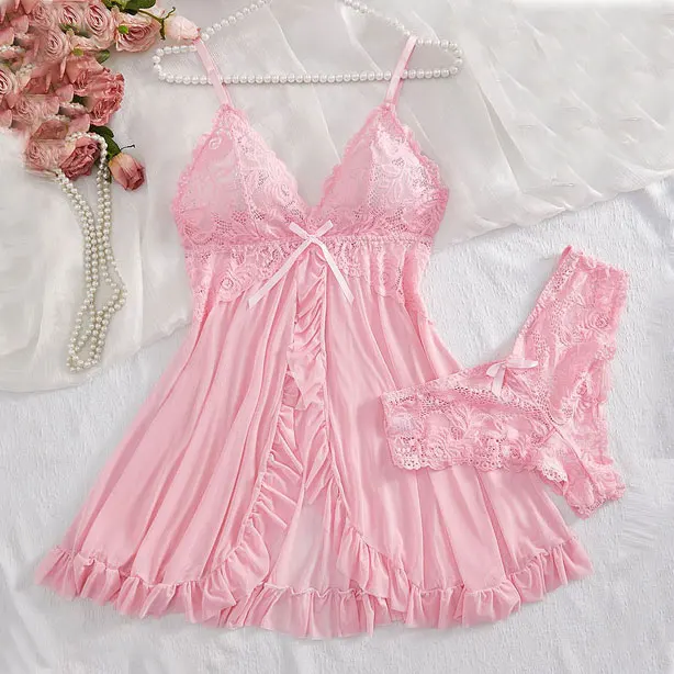 Koszula nocna plus size z majtkami przezroczysta bielizna nocna dwuczęściowa Niebieski