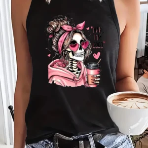 Koszulka bez rękawów z nadrukiem szkieletu w stylu hip-hop Czarny