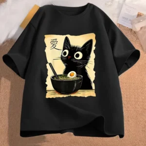 Koszulka z kotem i ramenem — japońskie anime kawaii unisex Czarny