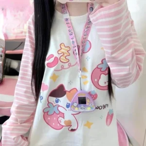 Koszulka patchworkowa w paski Y2K Harajuku — damski t-shirt Biały
