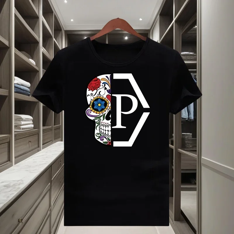 Koszulka T-shirt unisex z nadrukiem czaszki i kwiatów H