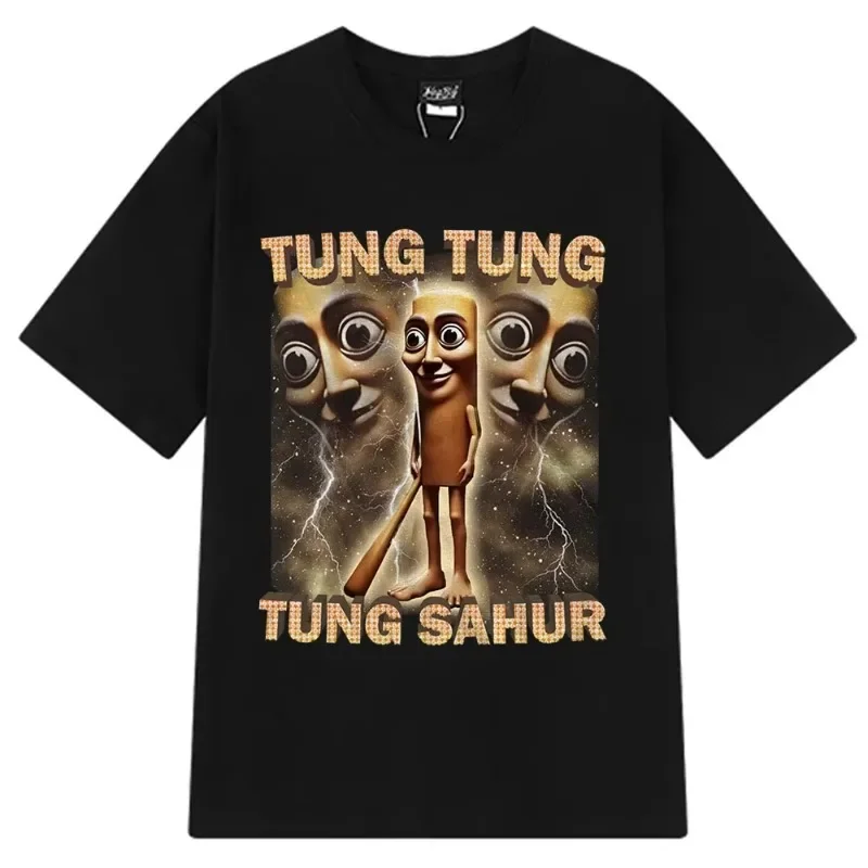 Koszulka z zabawnym nadrukiem Tung Tung Sahur unisex Czarny