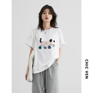 Koszulka unisex z haftowanym psem – bawełna, luźny krój streetwear Biały