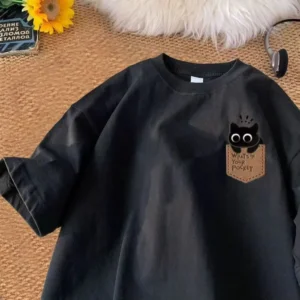 Koszulka unisex z nadrukiem kota w stylu vintage Czarny