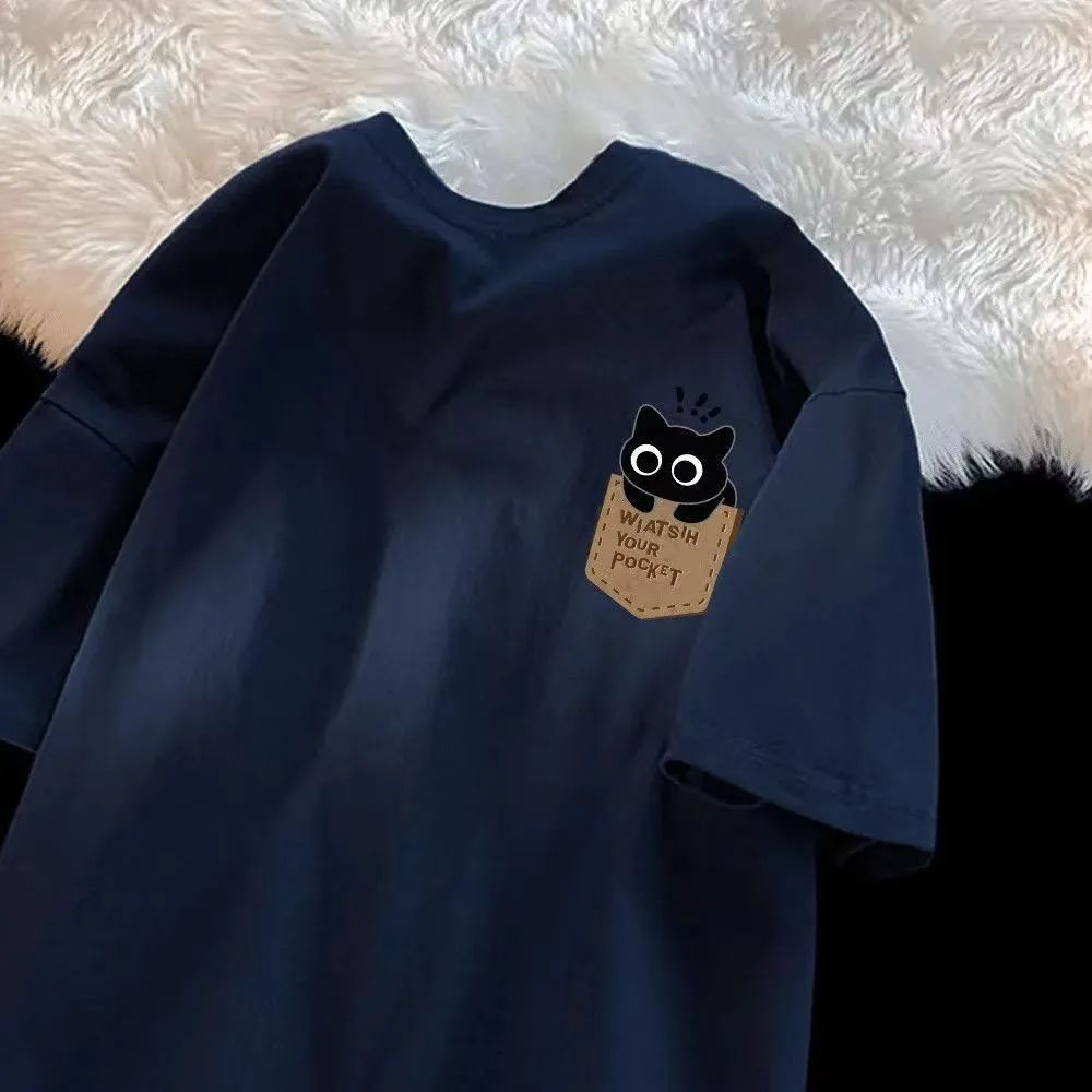 Koszulka unisex z nadrukiem kota w stylu vintage Navyblue