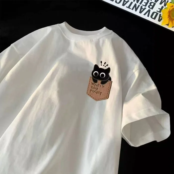 Koszulka unisex z nadrukiem kota w stylu vintage Biały